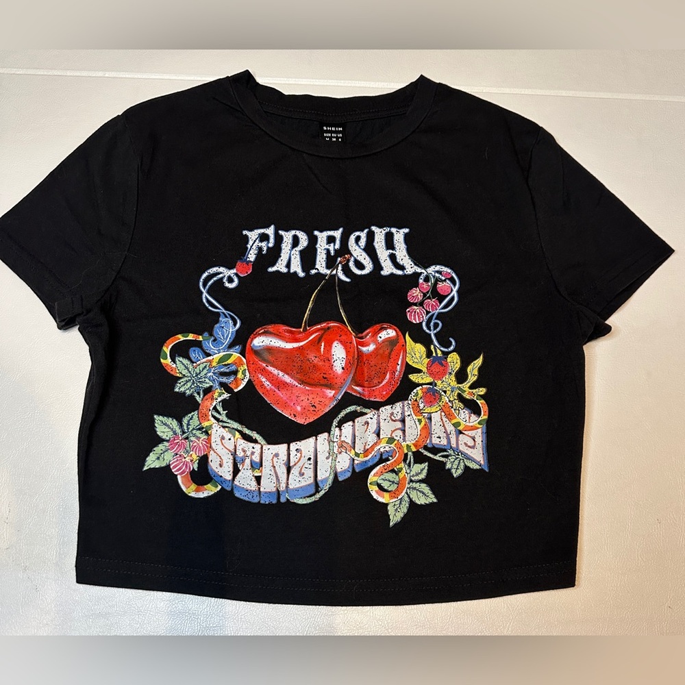 Women’s Black Graphic "FRESH" Print Crop Top With A Cherry Graphic Size Medium